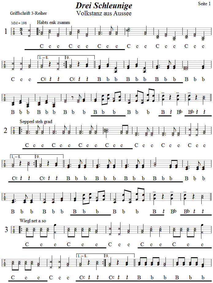 Die Drei Schleunigen in Griffschrift für Steirische Harmonika