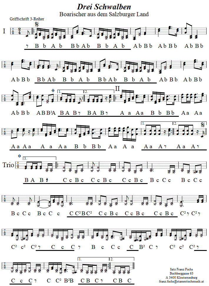 Drei Schwalben Boarisch, in Griffschrift für Steirische Harmonika