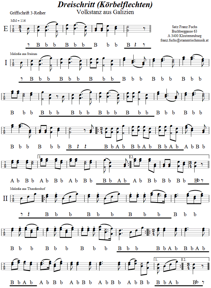 Dreischritt (Körbelflechten), in Griffschrift für Steirische Harmonika