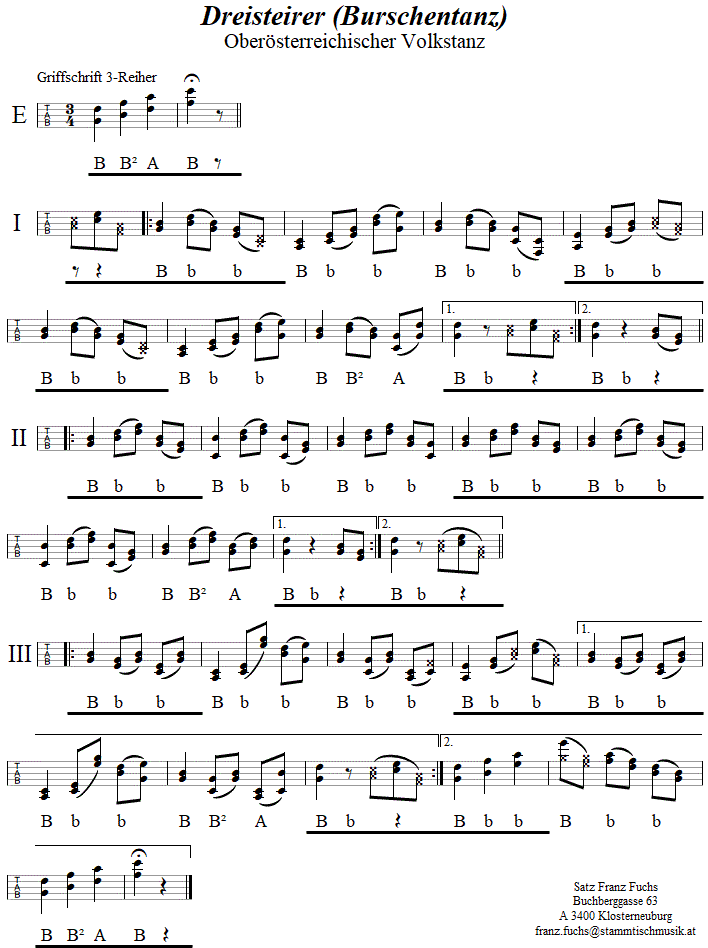 Dreisteirer (Burschentanz) in Griffschrift für Steirische Harmonika