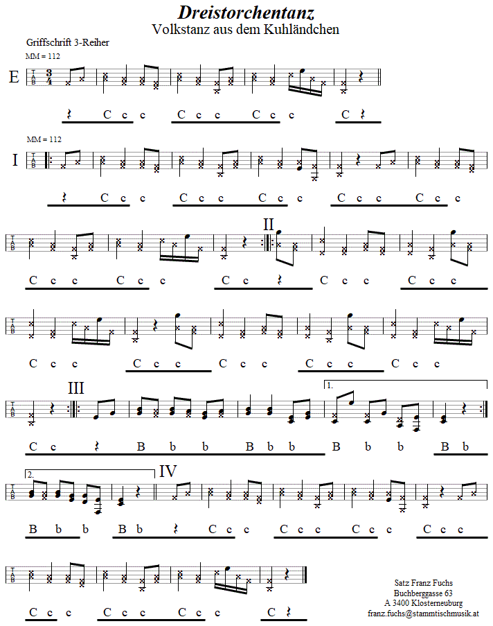 Dreistorchentanz in Griffschrift für Steirische Harmonika