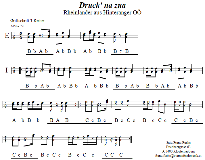 Druck' na zua, in Griffschrift für Steirische Harmonika