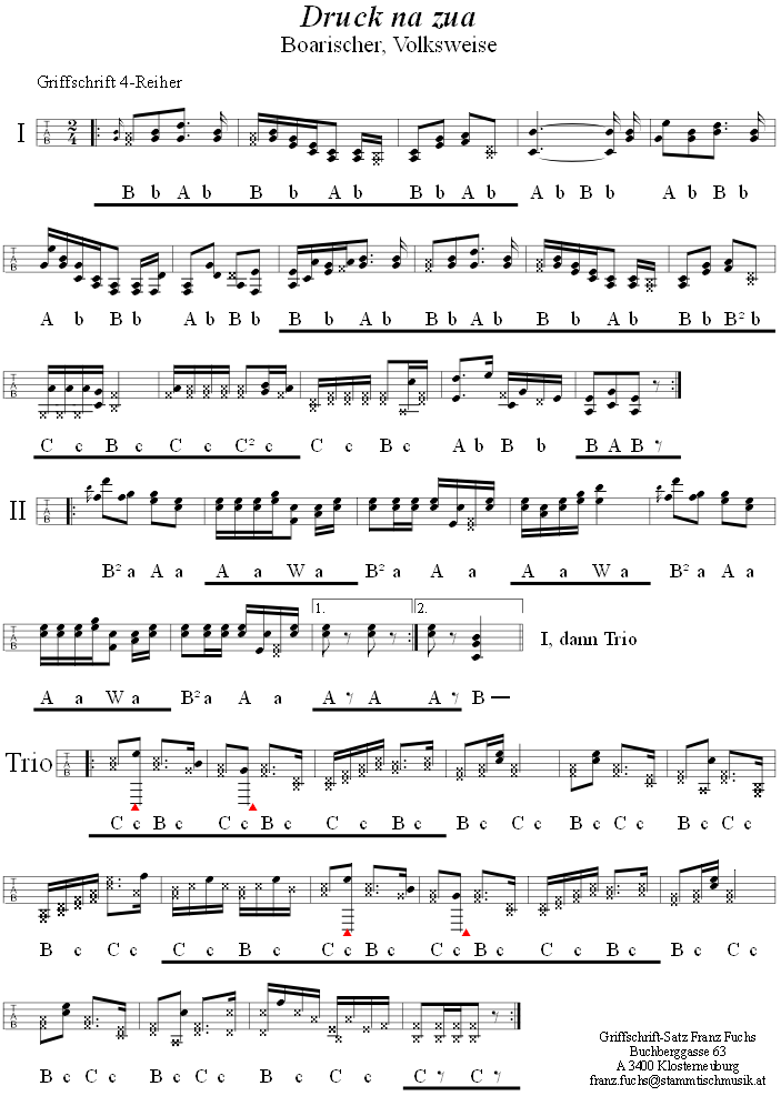 Druck na zua, Boarischer in Griffschrift für Steirische Harmonika