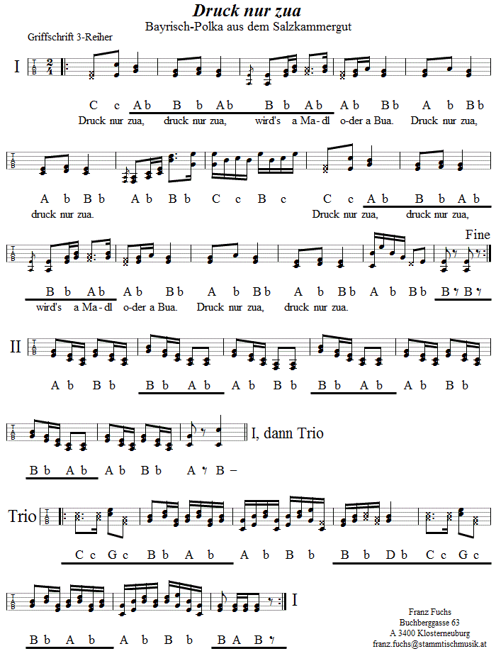 Druck nua zua - Boarisch - Noten aus dem Repertoire - Volksmusik im Wirtshaus