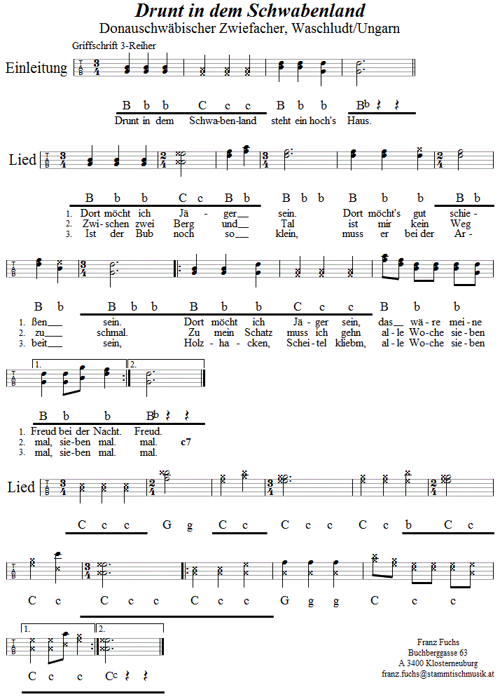 Drunt in dem Schwabenland - Zwiefacher, in Griffschrift für Steirische Harmonika