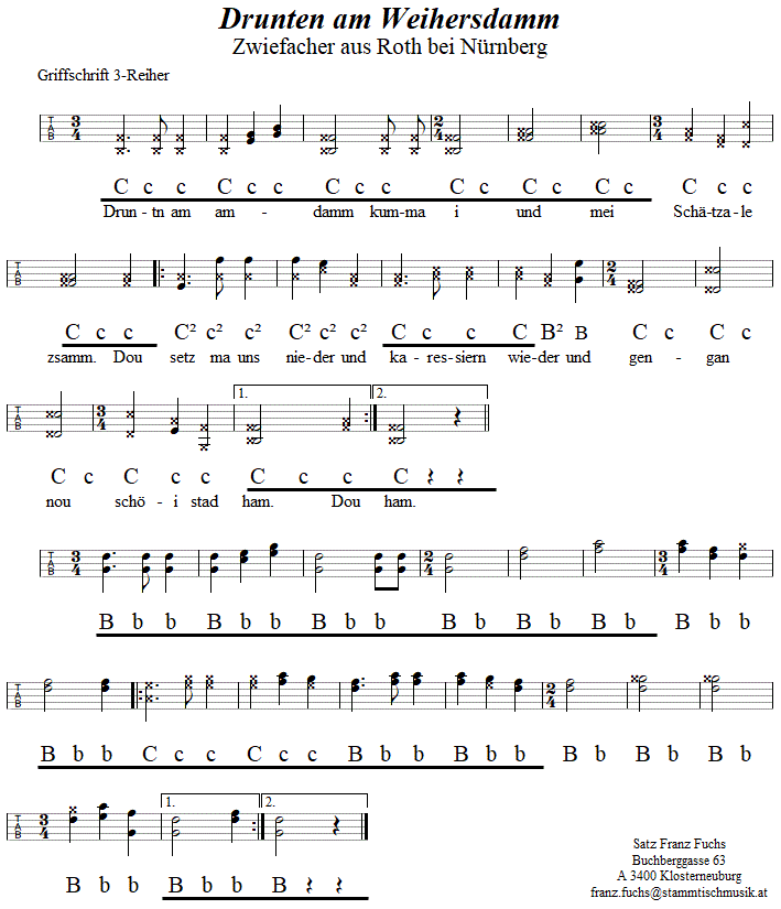 Drunten am Weihersdamm - Zwiefacher, in Griffschrift für Steirische Harmonika