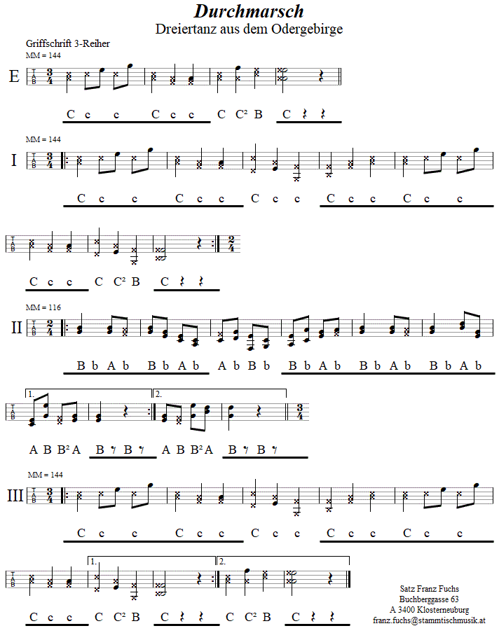 Durchmarsch, in Griffschrift für Steirische Harmonika