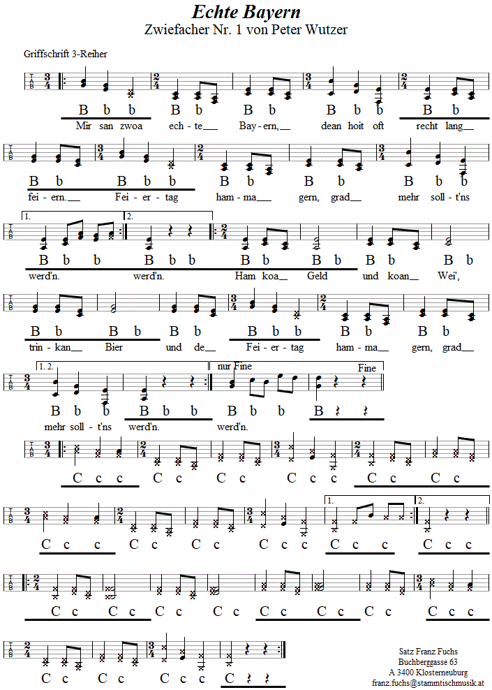 Echte Bayern, Zwiefacher Nr. 1 von Peter Wutzer in Griffschrift für Steirische Harmonika