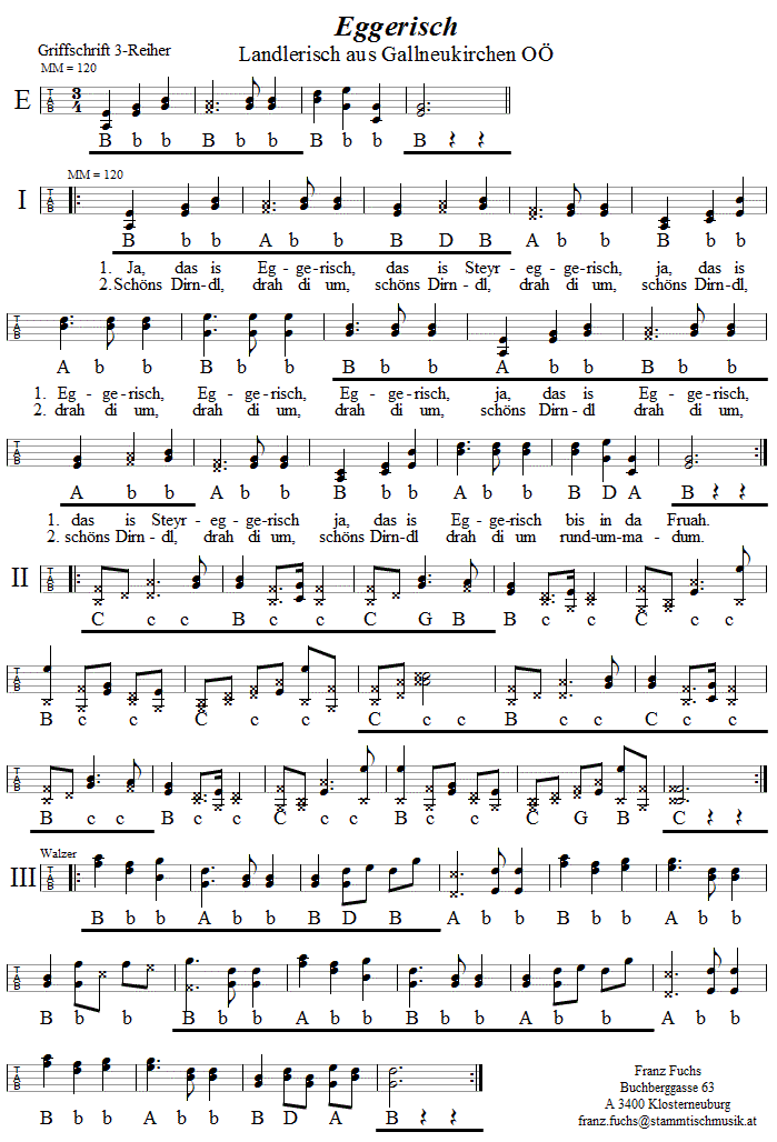 Eggerisch (Landlerisch aus Gallneukirchen) in Griffschrift - Musik zum Volkstanz