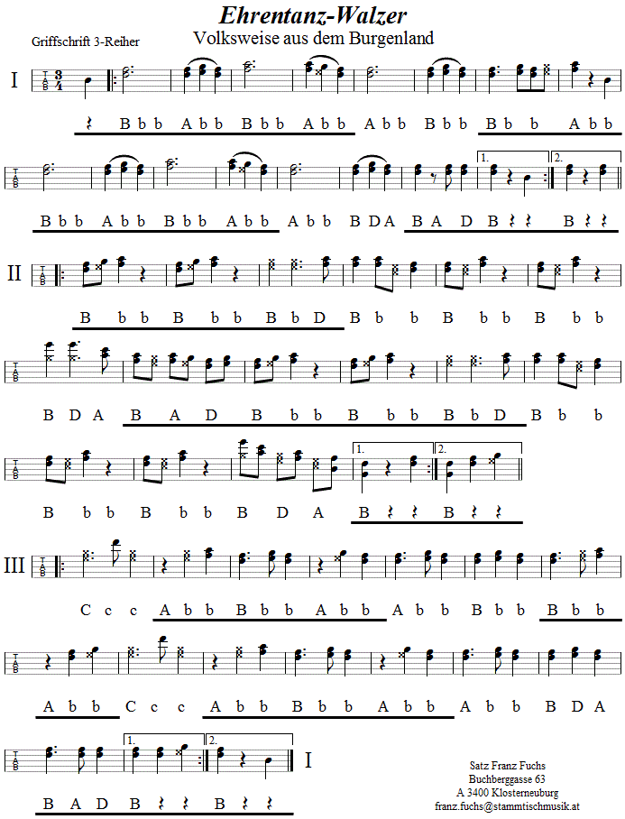 Ehrentanzwalzer in Griffschrift für steirische Harmonika - Noten aus dem Repertoire - Volksmusik im Wirtshaus