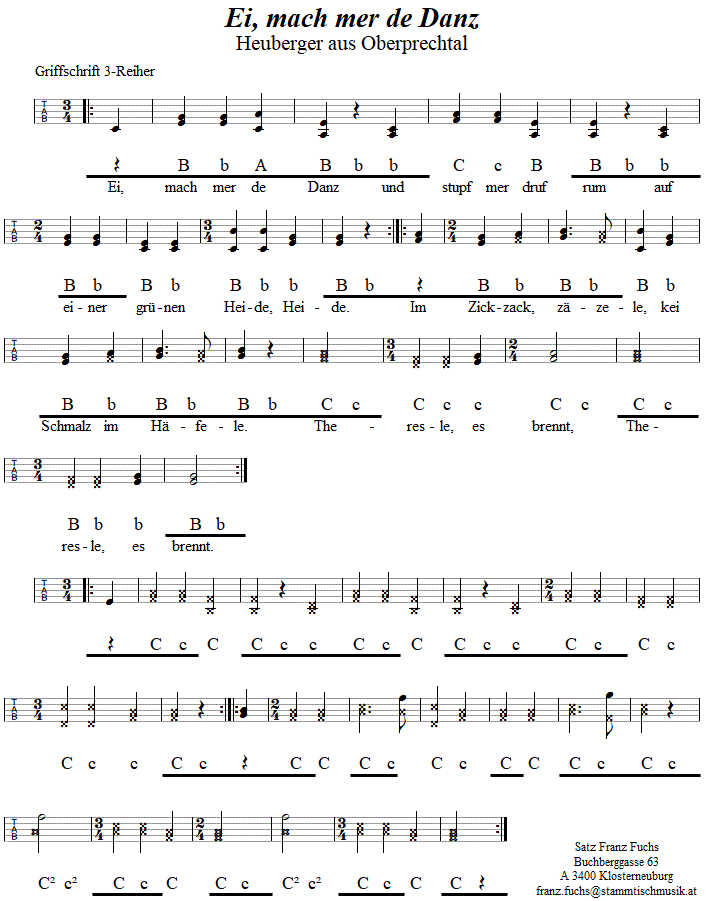 Ei, mach mer de Danz, Zwiefacher, in Griffschrift für Steirische Harmonika