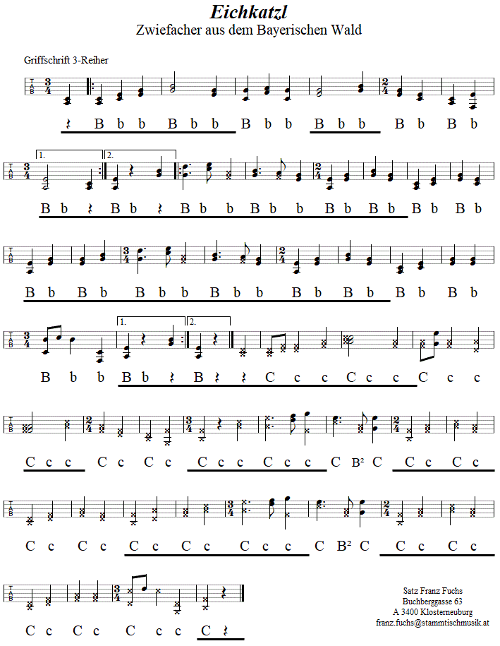 Eichkatzl, Zwiefacher aus dem Bayerischen Wald in Griffschrift für Steirische Harmonika