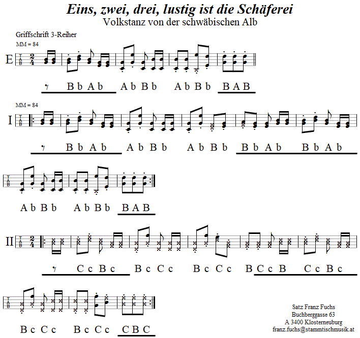 Eins, zwei, drei, lustig ist die Schäferei - in Griffschrift für Steirische Harmonika