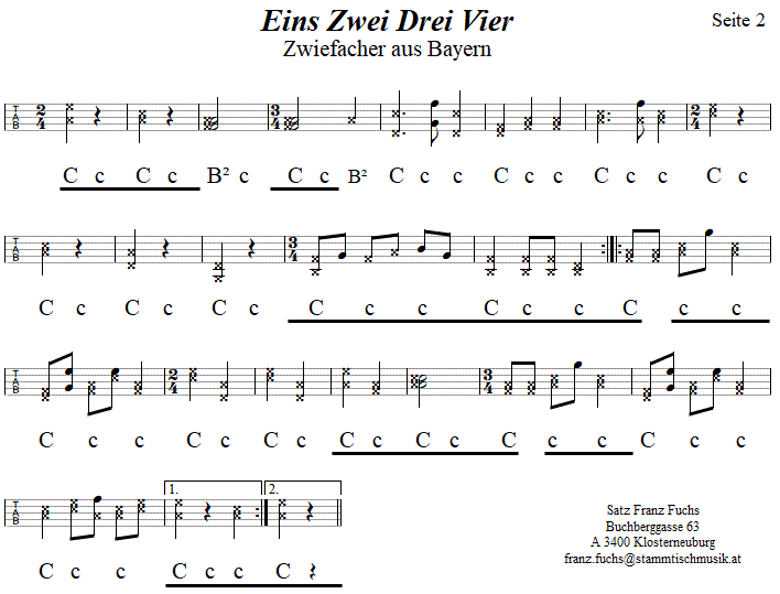 Eins Zwei Drei Vier, Zwiefacher in Griffschrift für Steirische Harmonika