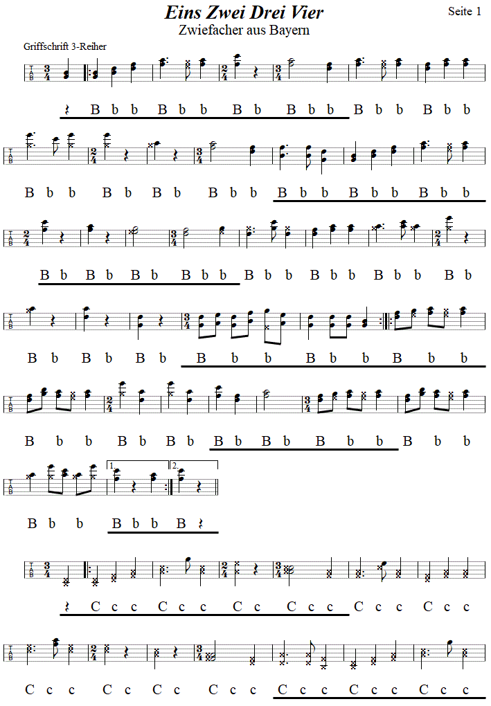 Eins Zwei Drei Vier, Zwiefacher in Griffschrift für Steirische Harmonika