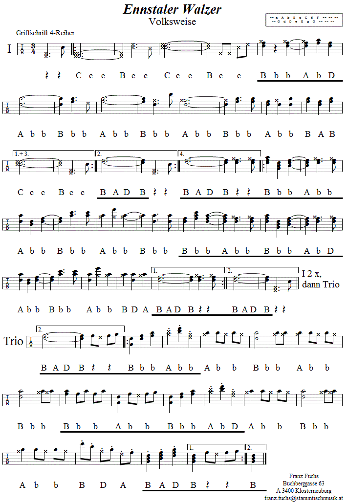 Ennstaler Walzer, in Griffschrift für vierreihige Steirische Harmonika