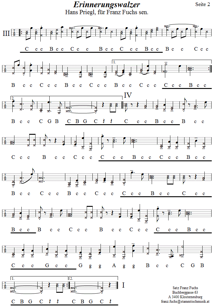 Erinnerungswalzer von Hans Priegl in Griffschrift für Steirische Harmonika