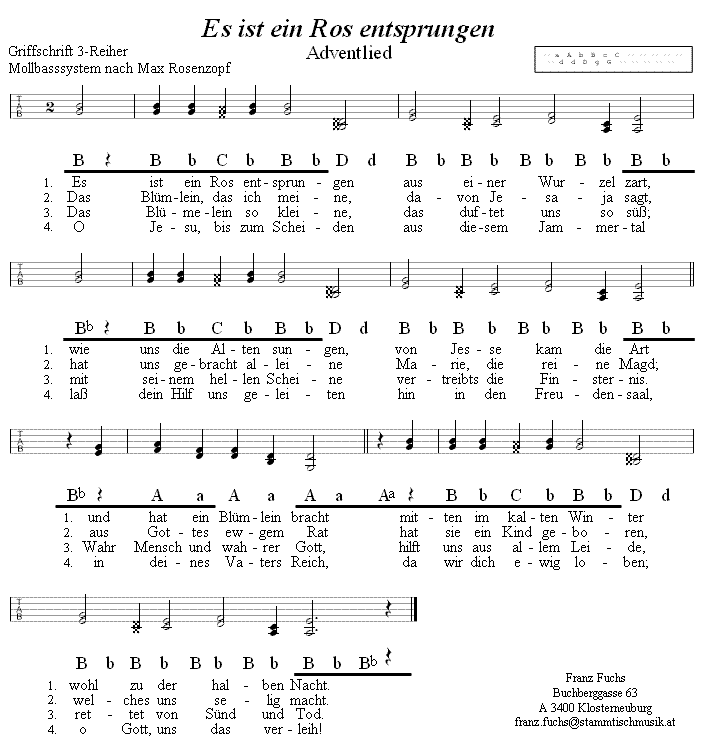 Es ist ein Ros entsprungen, Weihnachtslied in Griffschrift für Steirische Harmonika