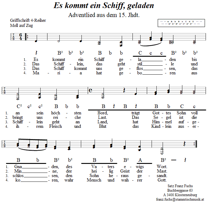 Es kommt ein Schiff geladen, Adventlied in Griffschrift für Steirische Harmonika