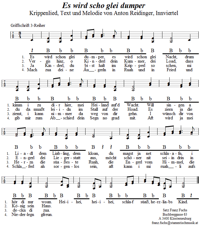 Es wird scho glei dumper, Krippenlied in Griffschrift für Steirische Harmonika