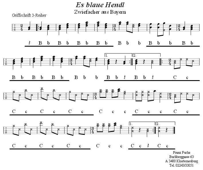 Es blaue Hendl, Zwiefacher in Griffschrift für Steirische Harmonika