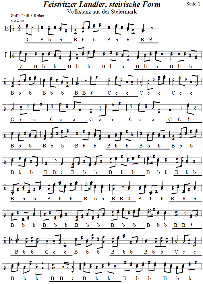 Feistritzer Landler, steirische Form, in Griffschrift für Steirische Harmonika