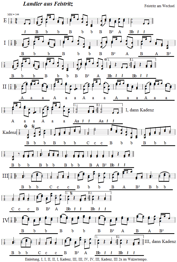 Feistritzer Ländler nach Zoder, in Griffschrift für Steirische Harmonika