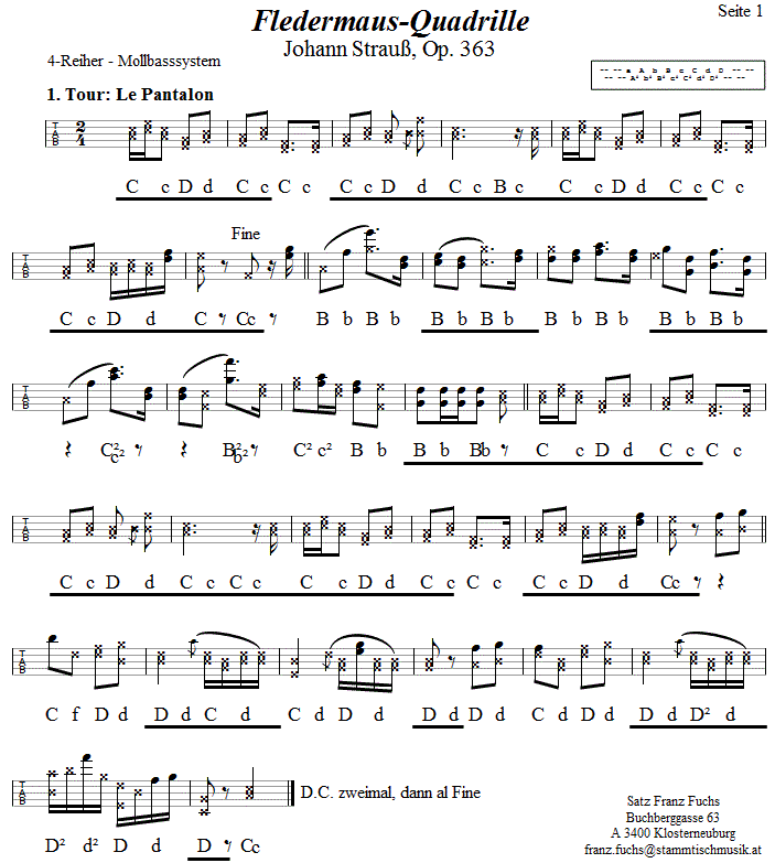 Quadrille Francaise - Fledermausquadrille von Johann Strauß, in Griffschrift für Steirische Harmonika