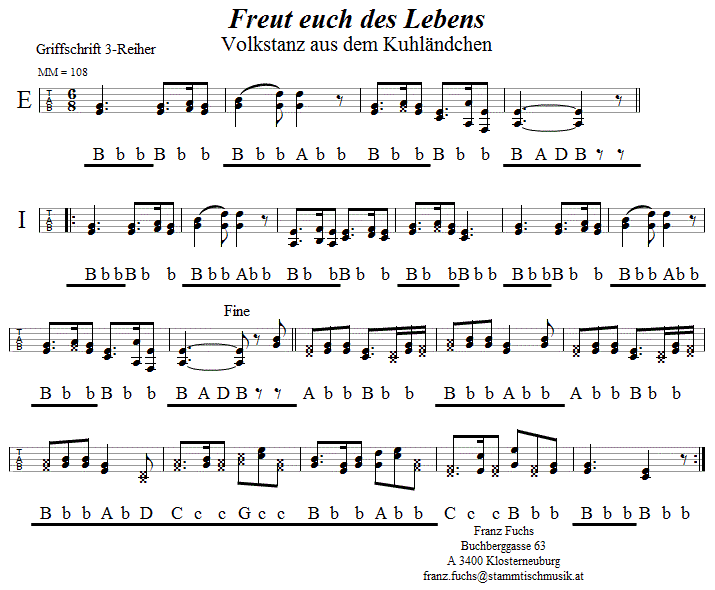 Freut euch des Lebens, in Griffschrift für Steirische Harmonika