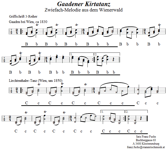 Gaadener Kirtatanz, Zwiefacher in Griffschrift für Steirische Harmonika