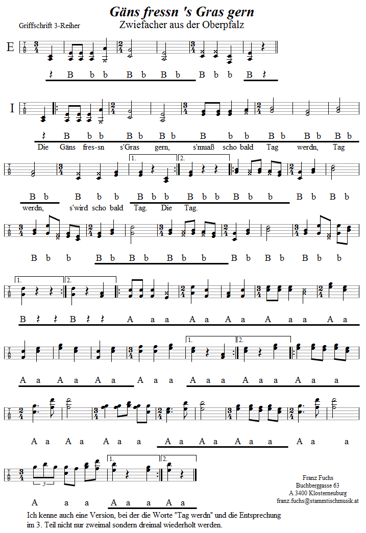 Gäns fressn's Gras gern, Zwiefacher in Griffschrift für Steirische Harmonika