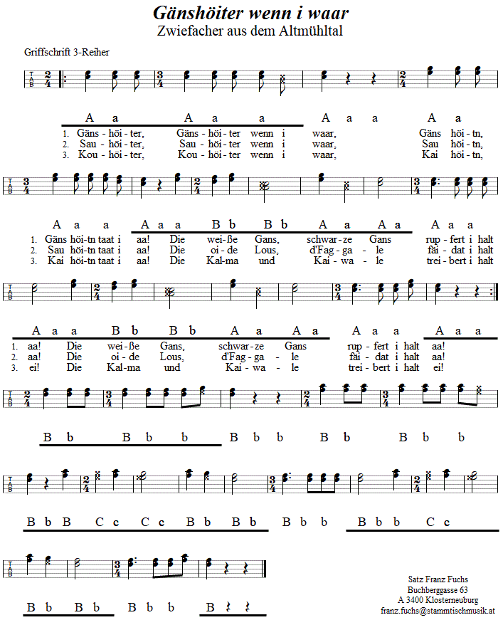 Gänshöiter - Zwiefacher, in Griffschrift für Steirische Harmonika