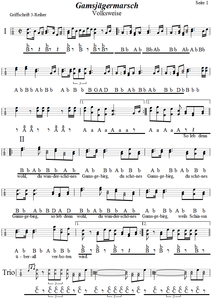 Gamsjägermarsch in Griffschrift für steirische Harmonika - Noten aus dem Repertoire