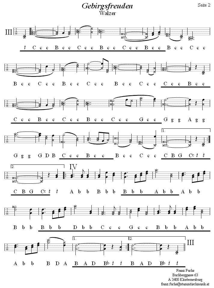 Gebirgsfreuden Walzer aus Reiteregg in Griffschrift für Steirische Harmonika