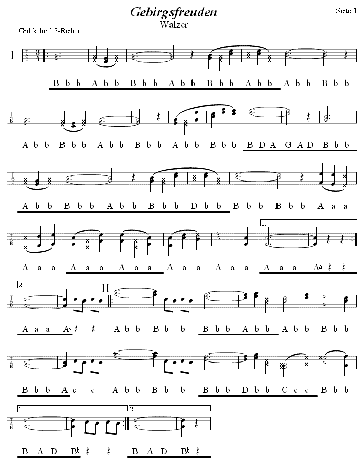 Gebirgsfreuden Walzer aus Reiteregg in Griffschrift für Steirische Harmonika