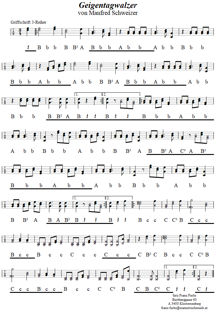 Geigentagwalzer von Manfred Schweizer, in Griffschrift für Steirische Harmonika