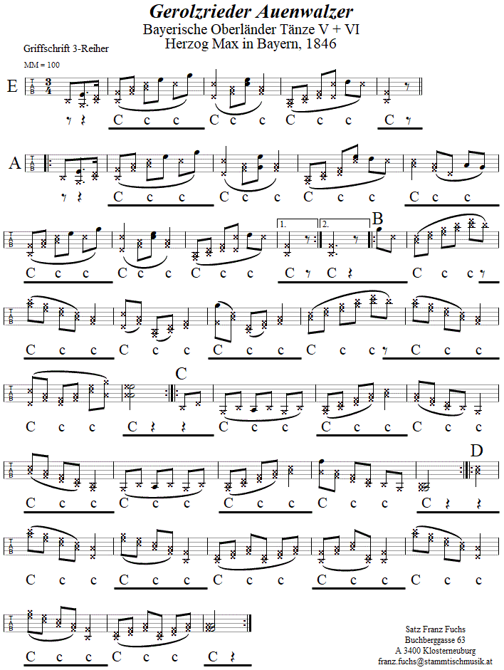 Geroldsrieder Auenwalzer, in Griffschrift für Steirische Harmonika