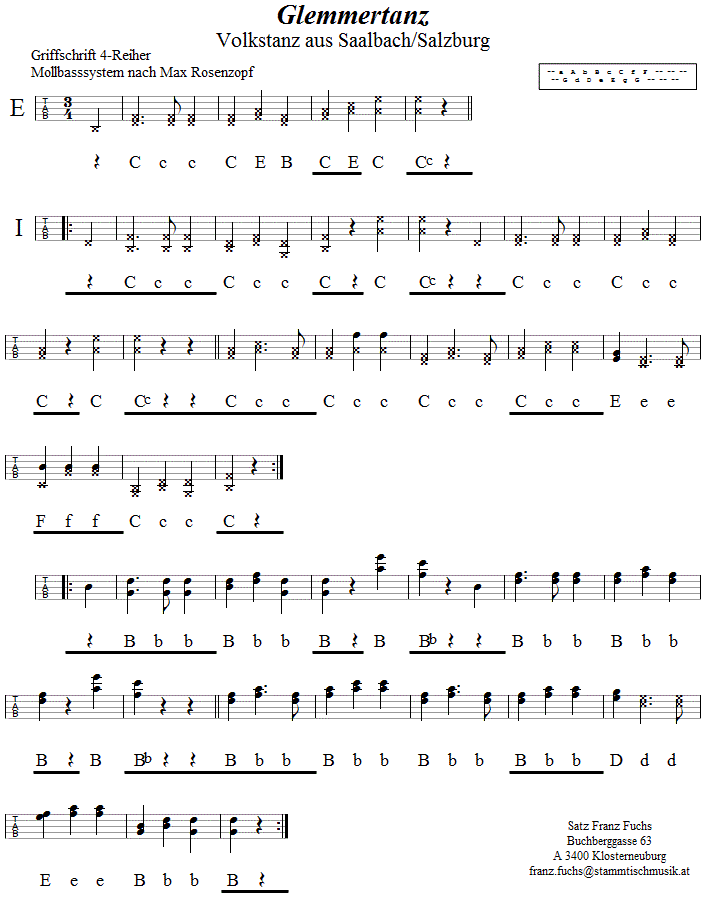 Glemmertanz, in Griffschrift für Steirische Harmonika