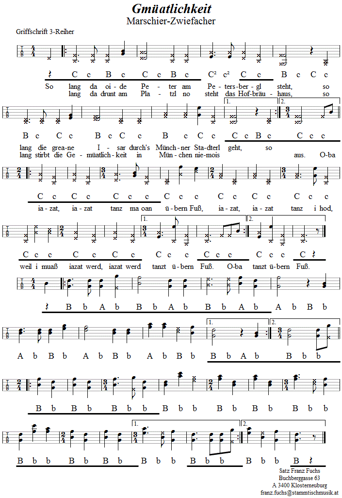 Gmüatlichkeit, Marschier-Zwiefacher, in Griffschrift für Steirische Harmonika