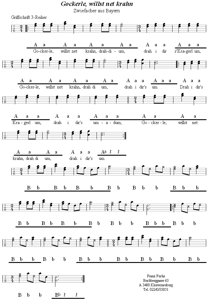 Gockerle, willst net krahn - Zwiefacher in Griffschrift für Steirische Harmonika