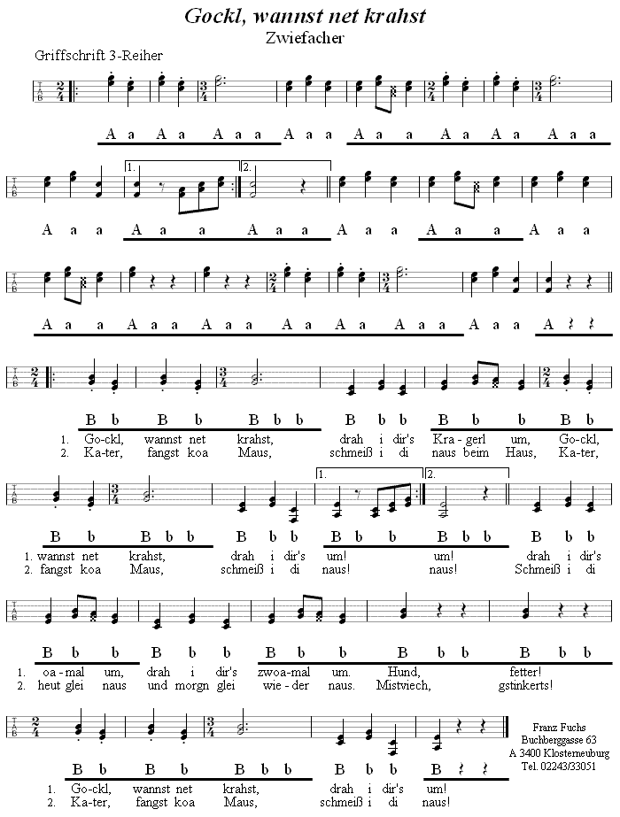 Gockl, wannst net krahst - Zwiefacher in Griffschrift für Steirische Harmonika