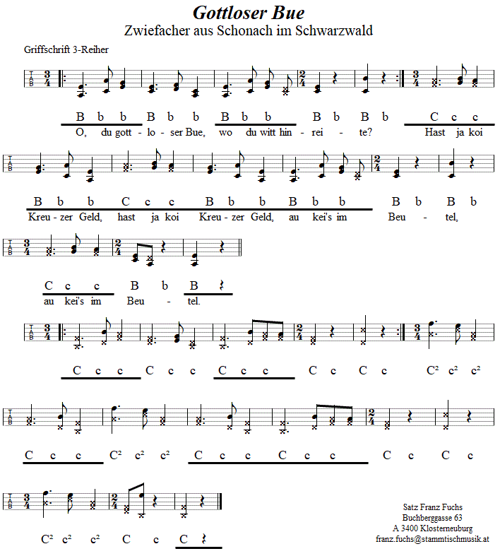 Gottloser Bue - Schweinauer (Zwiefacher), in Griffschrift für Steirische Harmonika