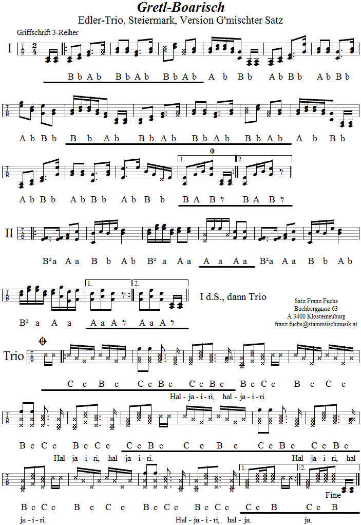 Gretlboarisch in Griffschrift für Harmonika - Noten aus dem Repertoire - Volksmusik im Wirtshaus