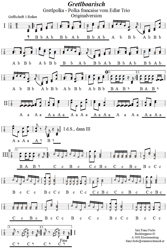 Gretlpolka franzé - Originalversion in Griffschrift für Harmonika - Noten aus dem Repertoire - Volksmusik im Wirtshaus