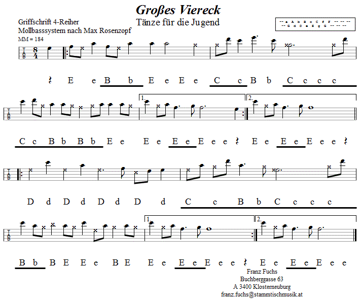 Großes Viereck (Chelsea Reach), in Griffschrift für Steirische Harmonika