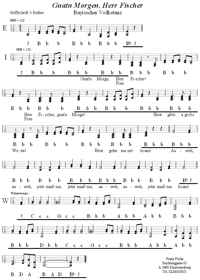 Guatn Morgen, Herr Fischer, in Griffschrift für Steirische Harmonika