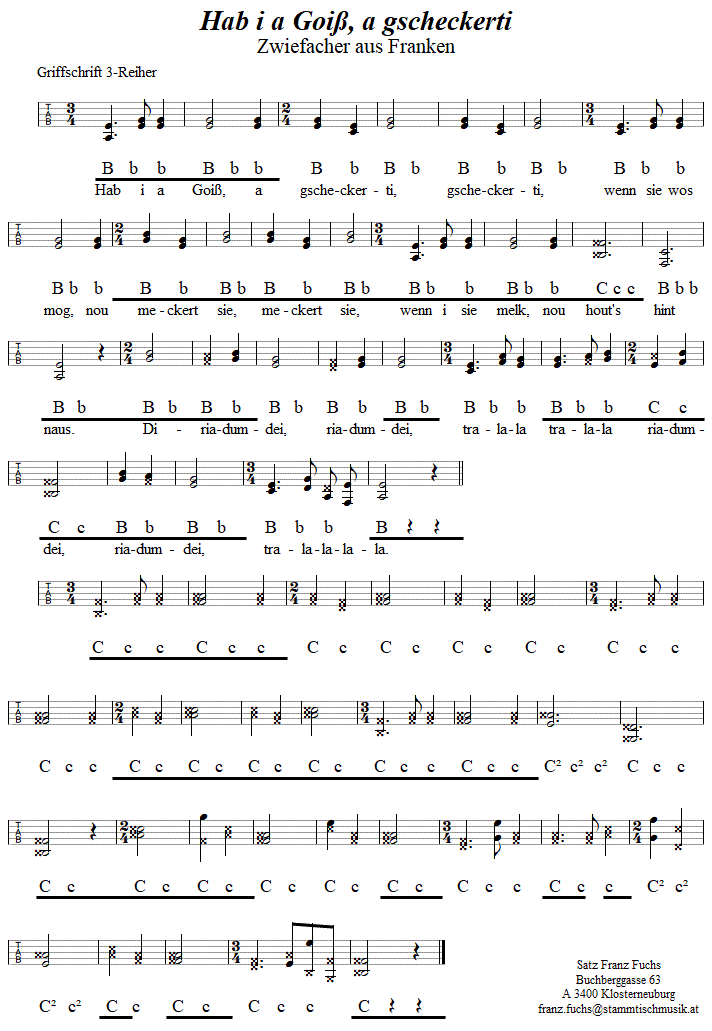 Hab i a Goiß, a gscheckerti, Zwiefacher in Griffschrift für Steirische Harmonika