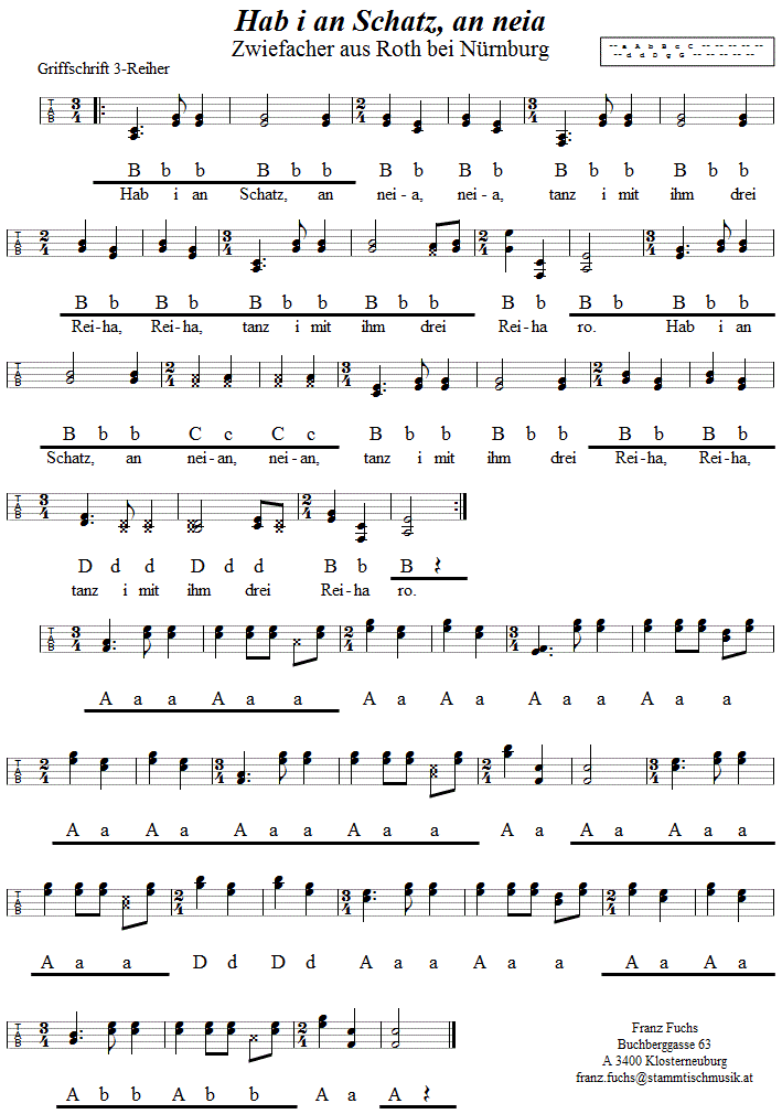 Hab i an Schatz, an neia, gesungener Zwiefacher in Griffschrift für Steirische Harmonika