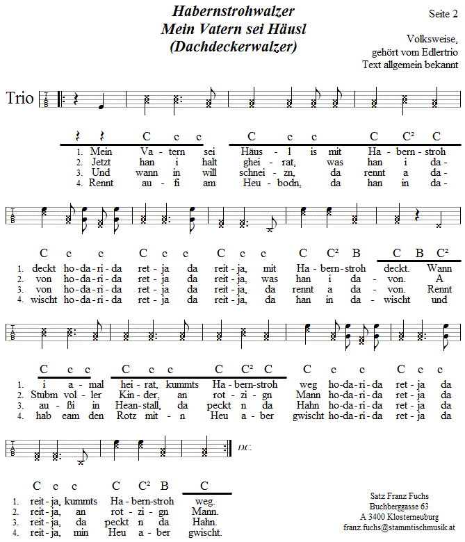 Habernstrohwalzer in Griffschrift für Steirische Harmonika - Noten aus dem Repertoire - Volksmusik im Wirtshaus