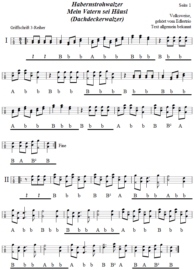 Habernstrohwalzer in Griffschrift für Steirische Harmonika - Noten aus dem Repertoire - Volksmusik im Wirtshaus